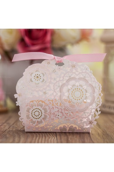 Pink Color Exquisite Hollow Ribbons Wedding Favor Boxes (12 Pieces/Set)