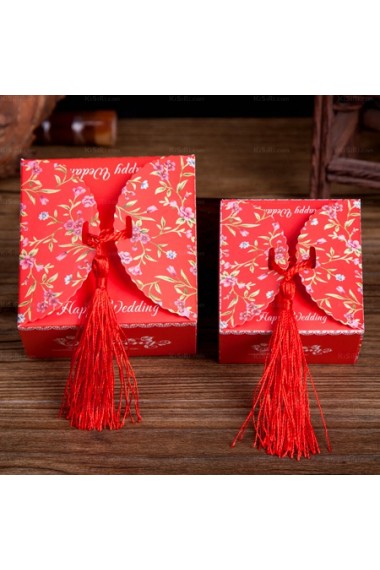 Square Shaped Red Color Tassel Wedding Favor Boxes (12 Pieces/Set)