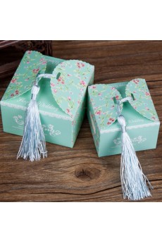 Blue Color Square Shaped Tassel Wedding Favor Boxes (12 Pieces/Set)