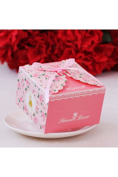 Pink Color Ribbons Floral Wedding Favor Boxes (12 Pieces/Set)