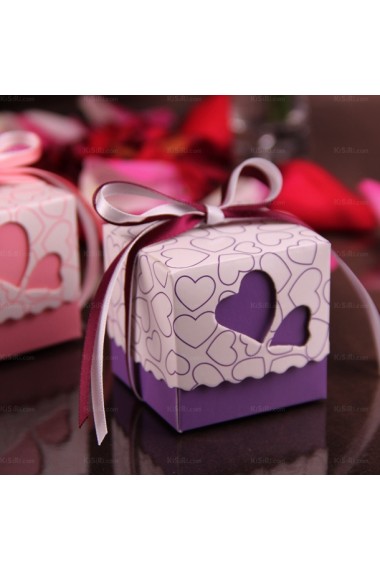 Ribbons Heart-shaped Purple Color Wedding Favor Boxes (12 Pieces/Set)