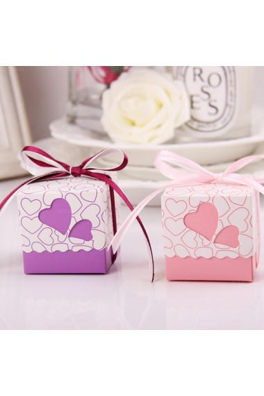 Ribbons Heart-shaped Purple Color Wedding Favor Boxes (12 Pieces/Set)