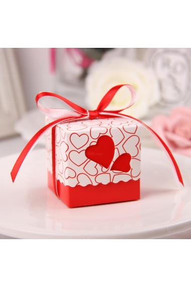 Ribbons Heart-shaped Red Color Wedding Favor Boxes (12 Pieces/Set)