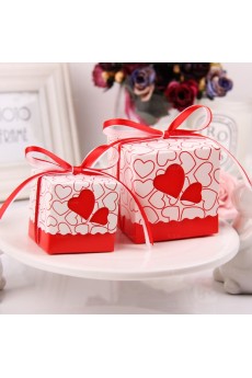 Ribbons Heart-shaped Red Color Wedding Favor Boxes (12 Pieces/Set)