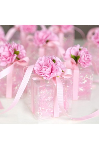 Ribbons Hand-made Flower Pink Color Plastic Wedding Favor Boxes (12 Pieces/Set)