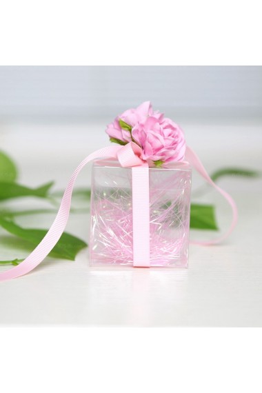 Ribbons Hand-made Flower Pink Color Plastic Wedding Favor Boxes (12 Pieces/Set)