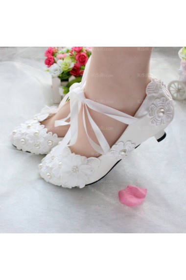 Discount Lace Bridal Wedding Shoes with Ribbons and Pearl