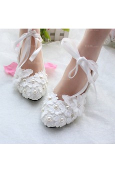 Discount Lace Bridal Wedding Shoes with Ribbons and Pearl