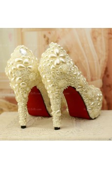 White Outdoor Wedding Bridal Shoes with Rhinestone Pearl