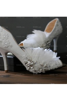 Elegant Lace Bridal Wedding Shoes with Rhinestone and Feather