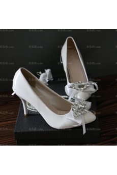 Elegant White Wedding Bridal Shoes with Rhinestone and Ribbons